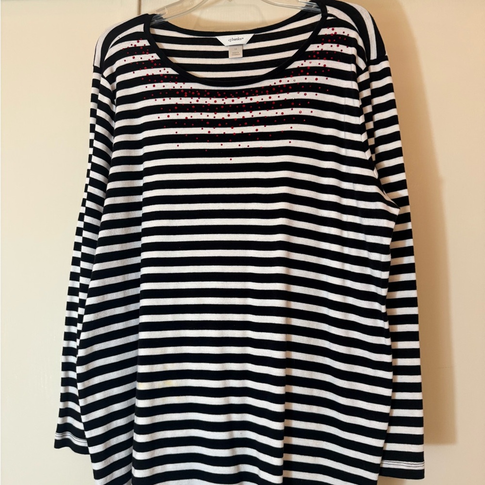 CJ Banks Black and White Striped Long Sleeve Top with Red Dots